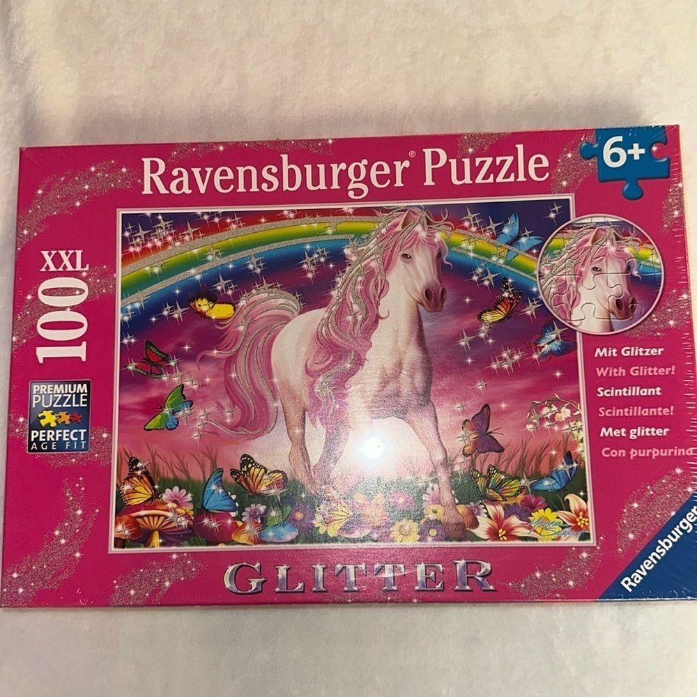 Ravensburger Glitter 100 Piece XXL Puzzle Pink Pony, Butterflies, Rainbow New